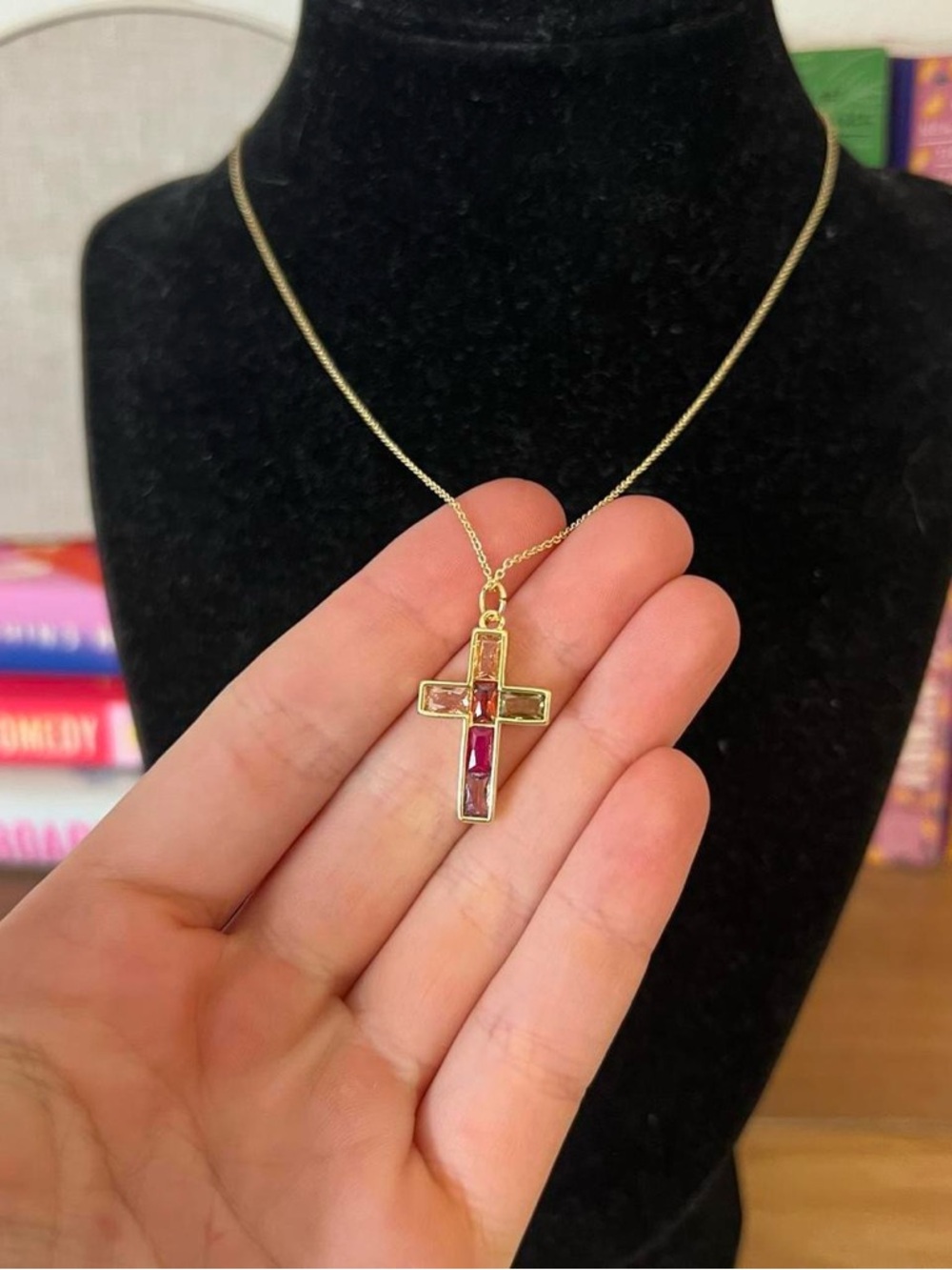 14k Gold Filled Colorful Cubic Zirconium Cross Necklace - Picture 3 of 6